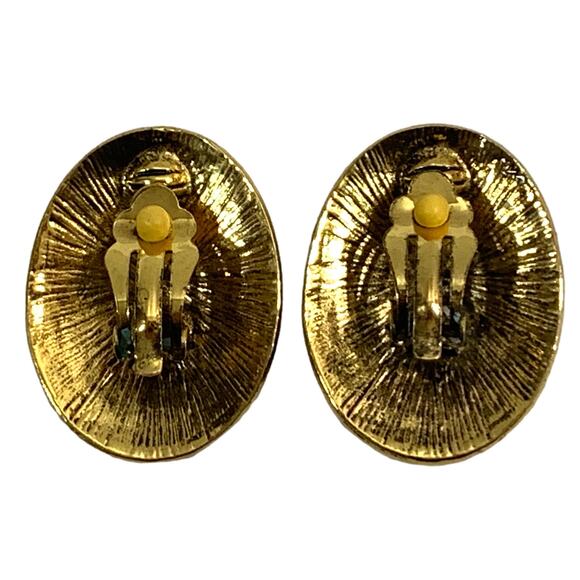 Vintage 80s Large Oval Gold & Green Enamel Swirl Clip Earrings | 1.5 x 1" - Picture 6 of 8